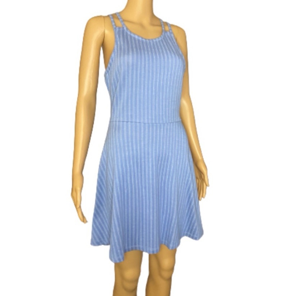 Derek heart light blue white pinstripe spaghetti strap skater dress size medium